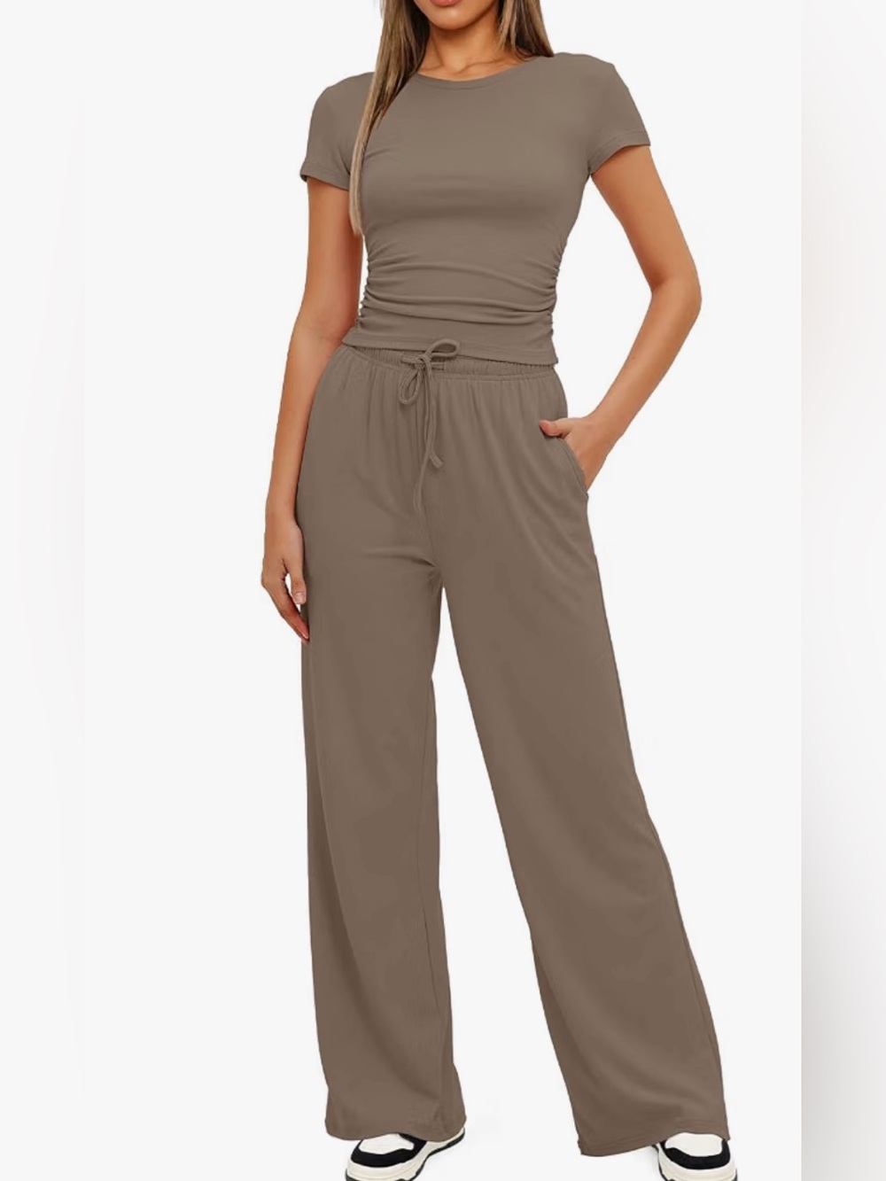 Darong Women’s 2 Piece Lounge Set Ruched Top Wide Leg Pants M NWT